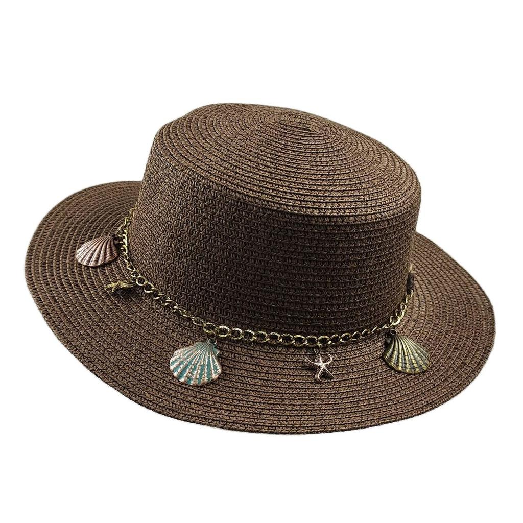 Flat Top Straw Hat Belt Accessories Leisure Summer Sunscreen Hat Women's Fashionable Beach Boater Hat Gifts 2023