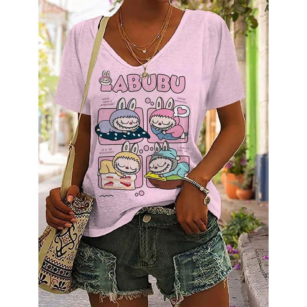 Женская хлопковая футболка с коротким рукавом Labubu, летний тренд 2025, с рукавом до локтя, в стиле Ins, универсальная уличная одежда