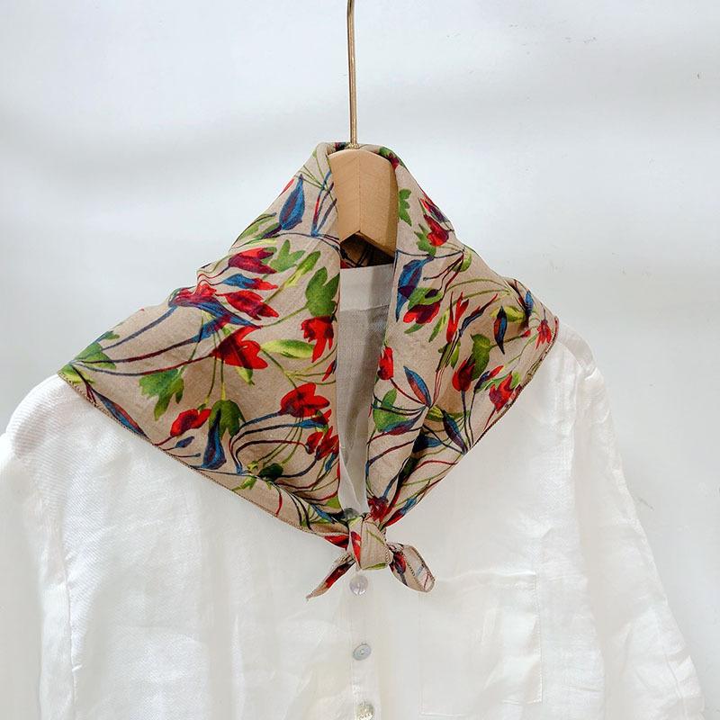 Spring Summer Soft Cotton Square Scarf Women's Printed Small Flower Scarf Accessories Neck Protection Small Scarf 55X55cm