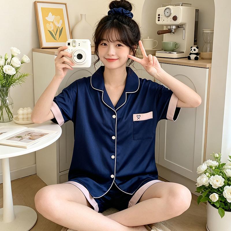 Summer ice silk short-sleeved pajamas women's stripes can be worn outside loungewear comfortable love casual suit real shot