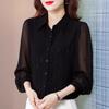 Ladies' Black Chiffon Long-Sleeve Shirt - Elegant Early Spring, Autumn, and Winter 2023 Style.