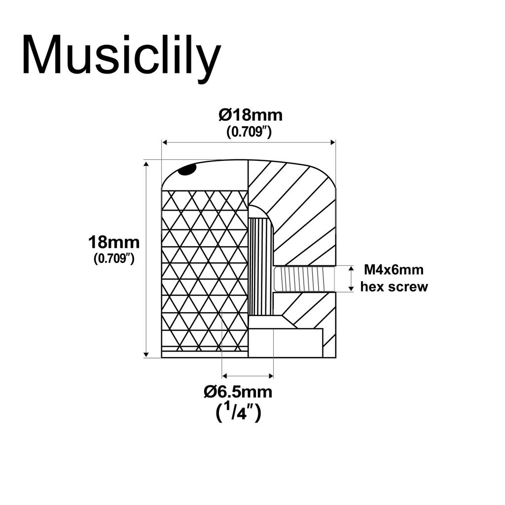 Musiclily Pro 1/4" Steel Knurled Dome Knobs with Horizontal Threads and Indicator Dots for Electric Guitars and Basses, Gold (Set of 2)