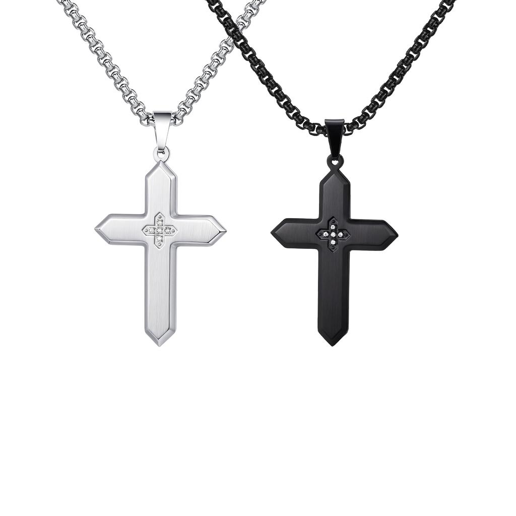 Stylish Stainless Steel Matte Cross Pendant Necklace With Zircon, Waterproof Christian Religious Faith Prayer Jewelry for Men
