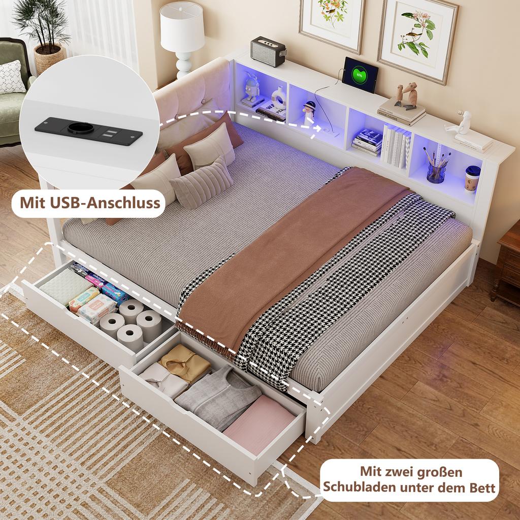 Daybed, 140x200cm, Single Bed (Without Mattress), with Drawers, with Dimmable LED Strip, with Practical Shelf, with USB Port, Pine Wood, White