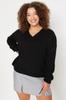 Women's Fashion New Plus Big Size Sweater Black V-Neck Sleeves Gather Detailed Knitwear Sweater