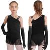 Girls Latin Dance Costume Sleeveless Tiered Tassels Asymmetrical Sequins Leotard Rhinestones Mesh Gloves Set