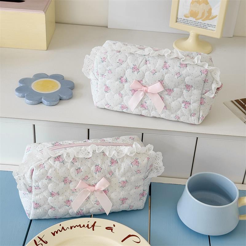 Милый медвежонок, сладкое сердце, бант, розовое кружево, косметичка, большая вместимость, портативная дорожная сумка для хранения, женский клатч, девчачьи косметички
