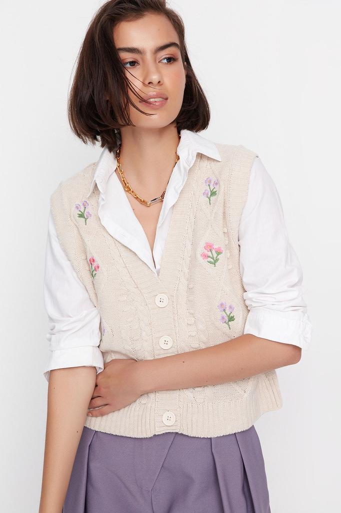 Women's Elegance Style Sweater Stone Flower Embroidery Detailed Knitwear Vest
