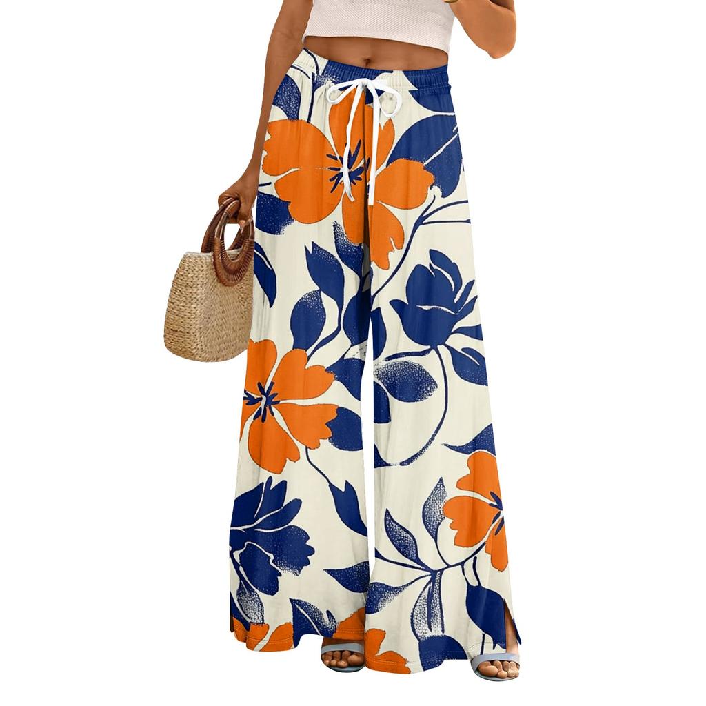 Women's Loose Casual Floral Print Wide Leg Pants With Elastic Waist Drawstring And Pocket Pants