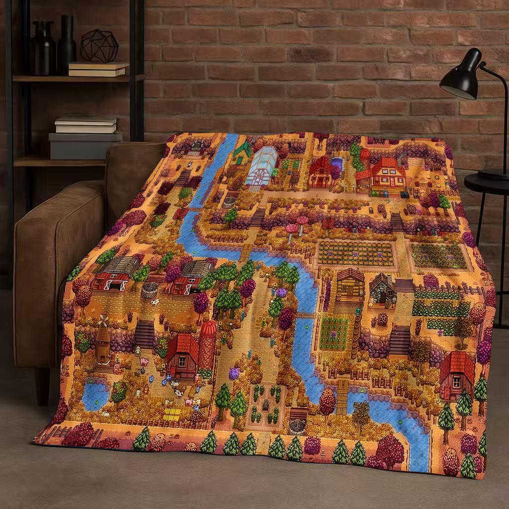 Retro Stardew Valley Farm Map Pixel Game Flannel Blanket,Ultra Soft Warm Plush Throw for Home Bedroom Bed Sofa Cover Kids Gift