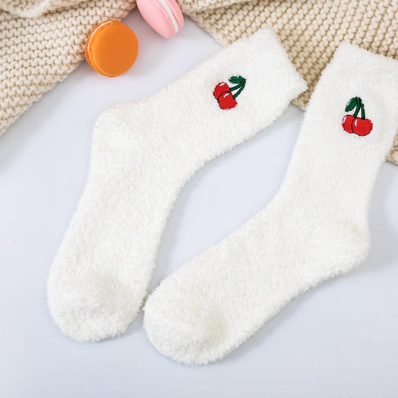 Women's Mid-Calf Coral Fleece Knitted Socks Japanese Style Fruit Embroidery Plush Winter Solid Color Thick Breathable Thermo