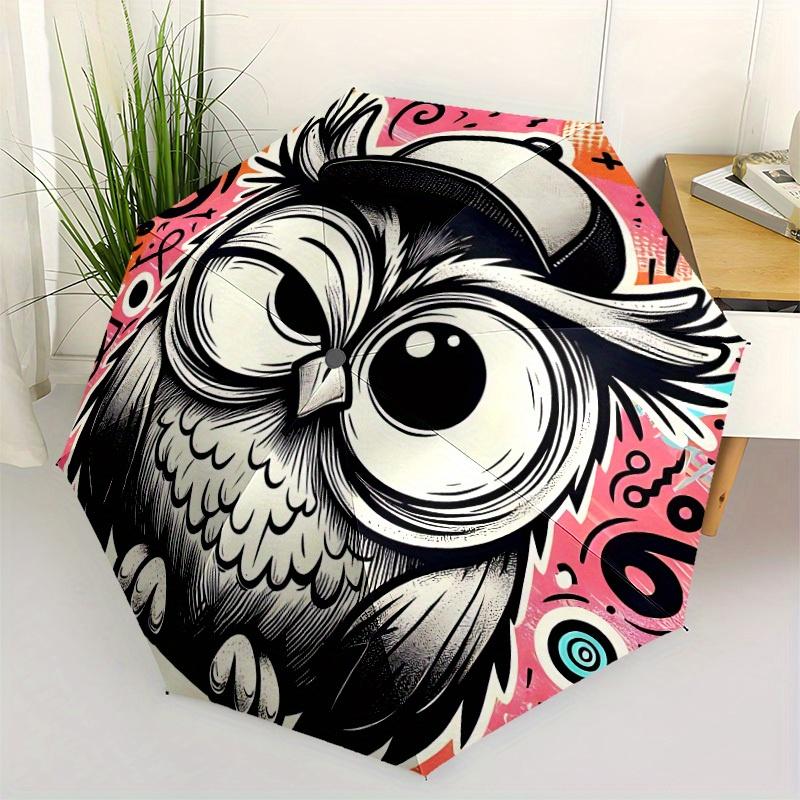 1pc Owl Art Automatic Open/close Umbrella, 8-Rib sturdy structure, Portable Travel Umbrella, Parties, Everyday Use, Outdoor Accessory, Artis