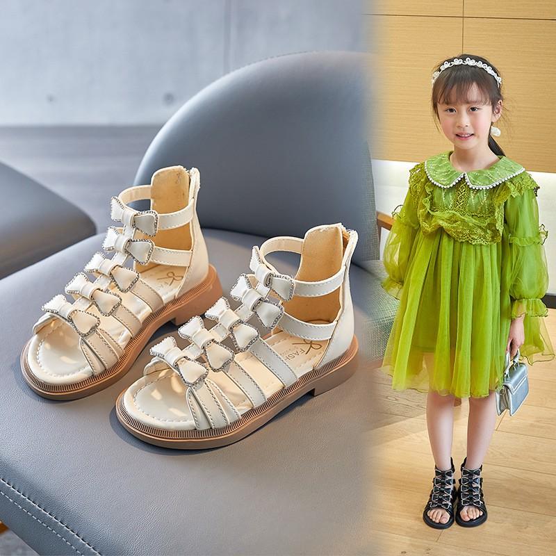 Girls Roman Sandals Soft Sole Open Toe With Rhinestone Decor Adjustable Hook Loop Synthetic Leather Upper