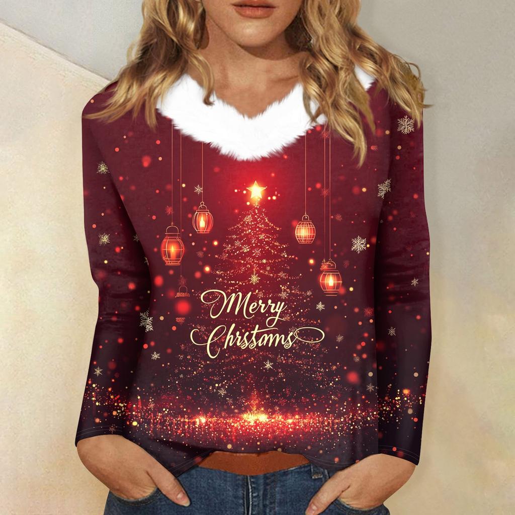 Women's T Shirt Shirt Long Sleeve Christmas Party Printed Plush Collar V Neck  Top