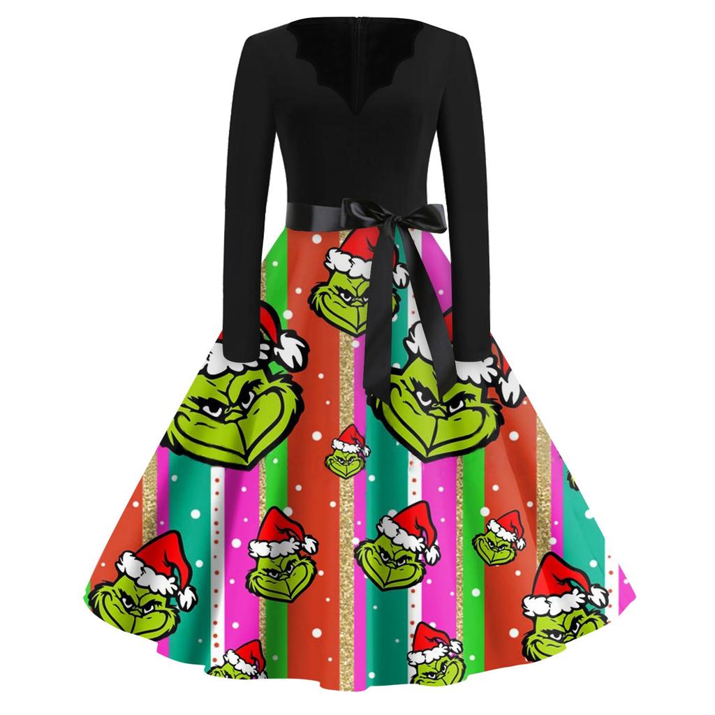 Женское модное платье с V-образным вырезом, повседневное, приталенное, с рождественским принтом, с длинным рукавом
