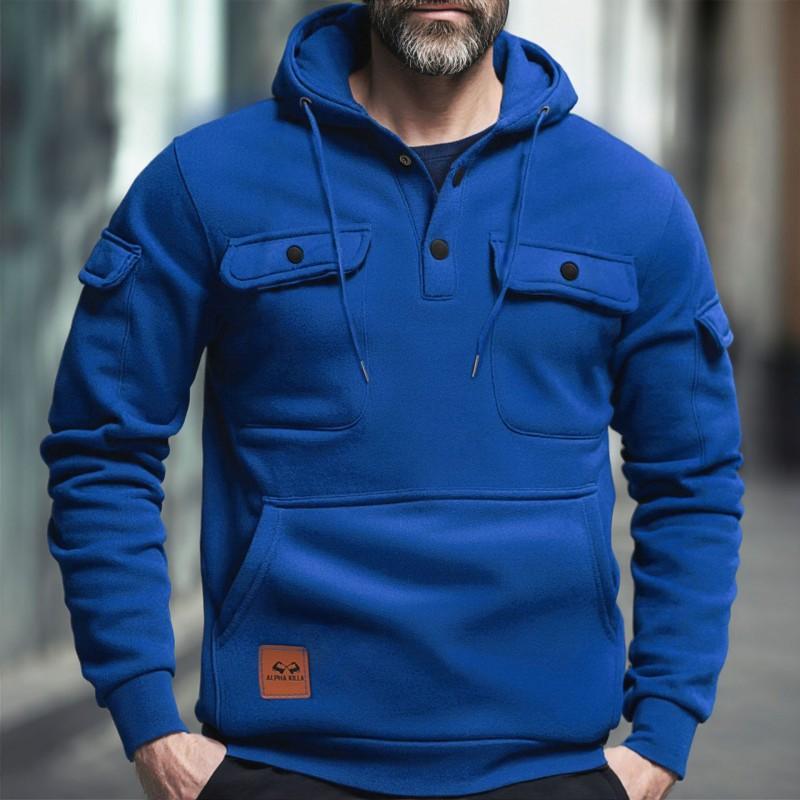 Mens Hooded Sweatshirt With Button Detail Fleece-Lined Long Sleeve Pullover Winter Casual Wear