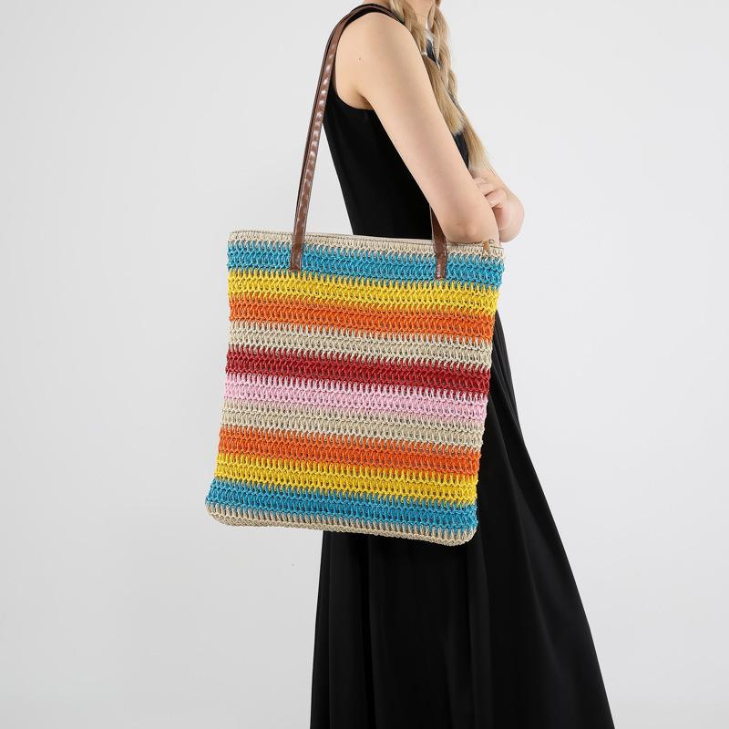 Women Fashion Striped Summer Beach Straw Knitting Shoulder Bag Handwoven Handbags Portable Large Capacity Casual Tote CLE