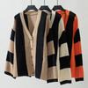 Plus Size Women's Fashion Knitwear Autumn and Winter Striped Clashing Colours Loose Flared Sleeve Sweater Knitted Cardigan