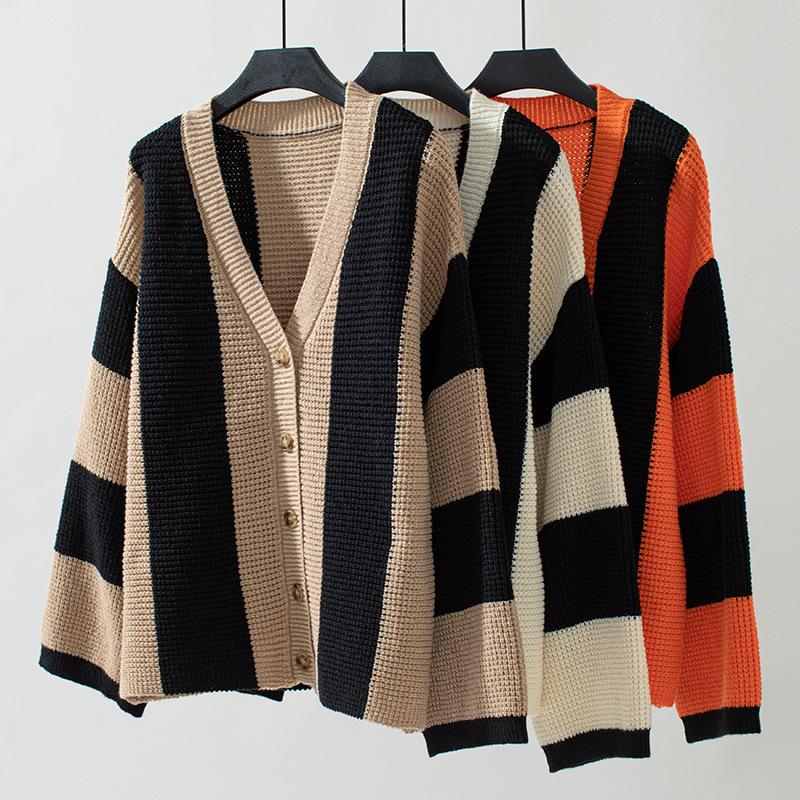 Plus Size Women's Fashion Knitwear Autumn and Winter Striped Clashing Colours Loose Flared Sleeve Sweater Knitted Cardigan