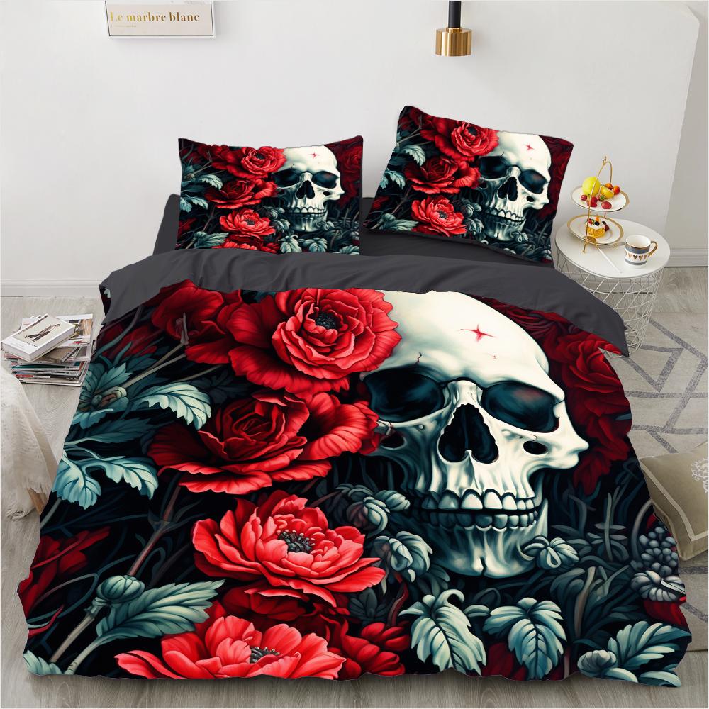 Комплект постельного белья Роза Череп Знаменитое Аниме Комплекты пододеяльников Одеяло Постельное белье Полуторный Двуспальный Кинг Односпальный Размер Дропшиппинг Подарок