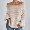 Women's Fall/Winter Loose One-line Shoulder Off-the-shoulder Knit Vintage Lantern Sleeve Striped Sweater