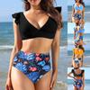 Women's High Waist Print Split Ruffle Bikini With Chest Pad No Steel Bra Swimsuit