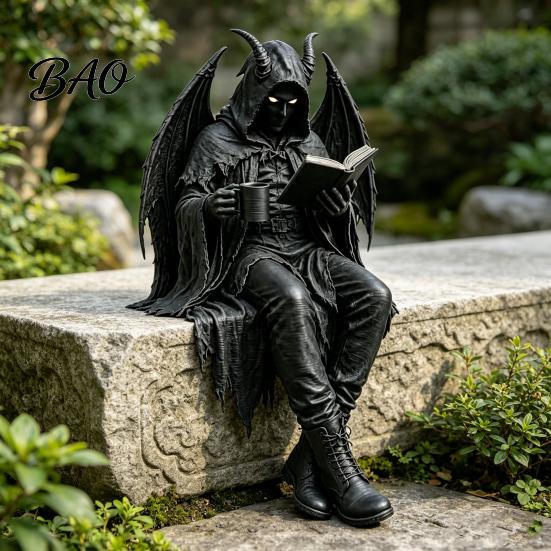 Bookshelf Decoration Sitting Skeleton Bookend Ornament, Matte Black Dark Hooded Figure Ornament for Desktop Study Room, Industrial Style Home Decor