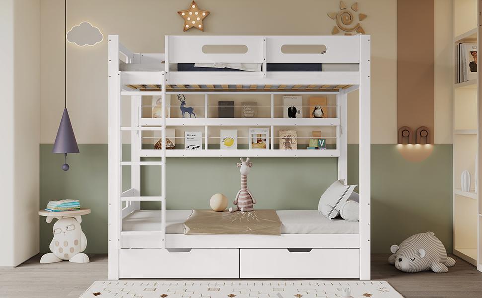 Bunk Bed, Children's Bed with Fall Protection Rail, Two Drawers on Rollers, Open Shelf, Five-Step Ladder, Storage Space, Pine+MDF, White, 90x200cm