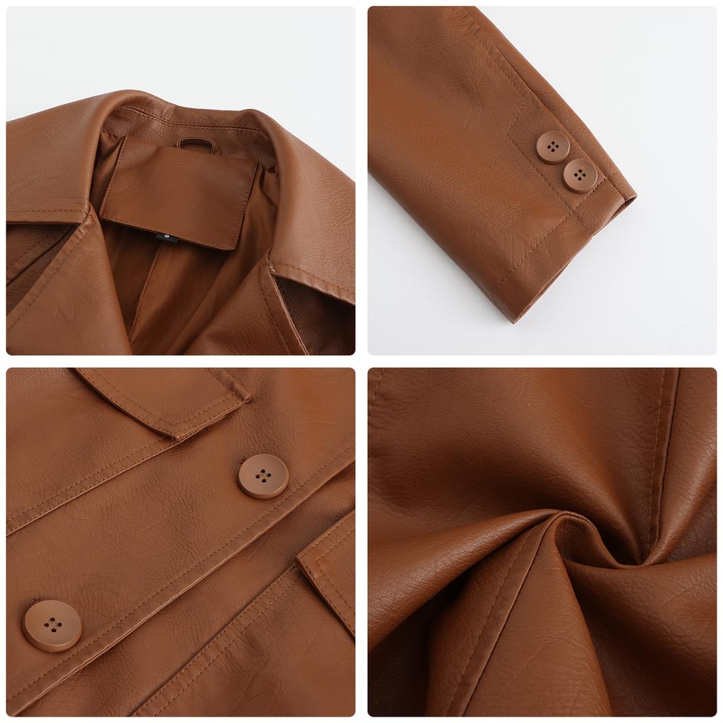 Long Leather Jacket Spring and Autumn Long-sleeved Leather Trench Coat Fashion Female Lapel Single-breasted Jacket