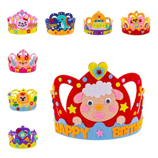 DIY шляпа с короной на день рождения для детей, мультяшный кролик, динозавр, торт, лев, животные, нетканый головной убор на день рождения, украшение для вечеринки, набор материалов для рукоделия