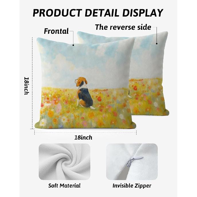 Floral Beagle Pillow Covers 18x18, Beagle Mom Lover Gifts for Women, Watercolor Wildflower Field Dog Decorative Throw Pillow Covers for Home Living