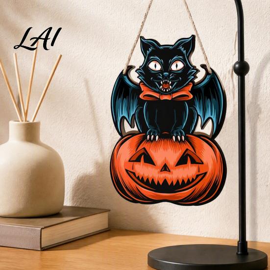 Festive Wooden Wall Hanging Halloween Door Sign Black Cat Bat Pumpkin Plaque with Rustic Sign Jute Rope Farmhouse Front Porch Indoor Outdoor