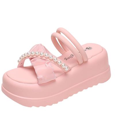 Модные женские босоножки на танкетке с жемчужным принтом, лето 2024, шлепанцы на толстой платформе для женщин, пляжные шлепанцы с толстой подошвой, гладиаторские сандалии Mujer