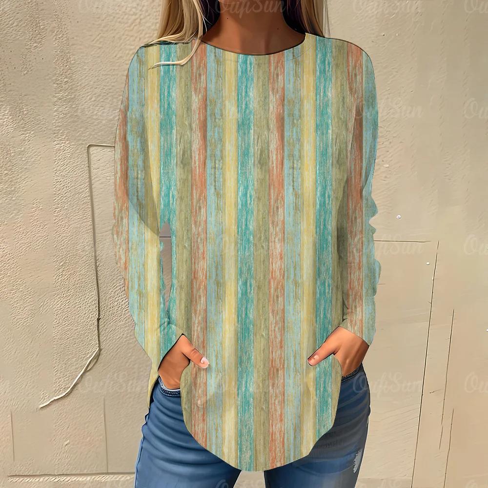 Irregular Color Blocks Pattern Print Women's T-shirts Autumn Casual Cotton Long Sleeves Tees Tops Female Clothing Streetwear