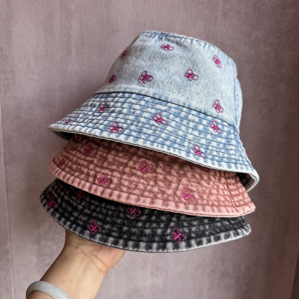 Summer Sun Shade Bucket Hat With Cotton Denim Material And Embroidered Cartoon For Women