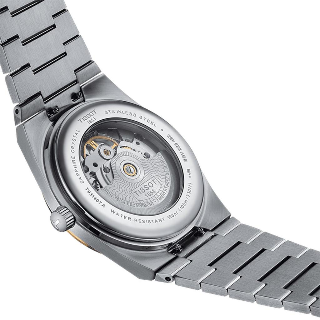 Tissot PRX 40 мм Powermatic 80 Безель из цельного желтого золота 18 карат Серебристый циферблат Браслет из нержавеющей стали Мужские часы (T931.407.41.031.01)