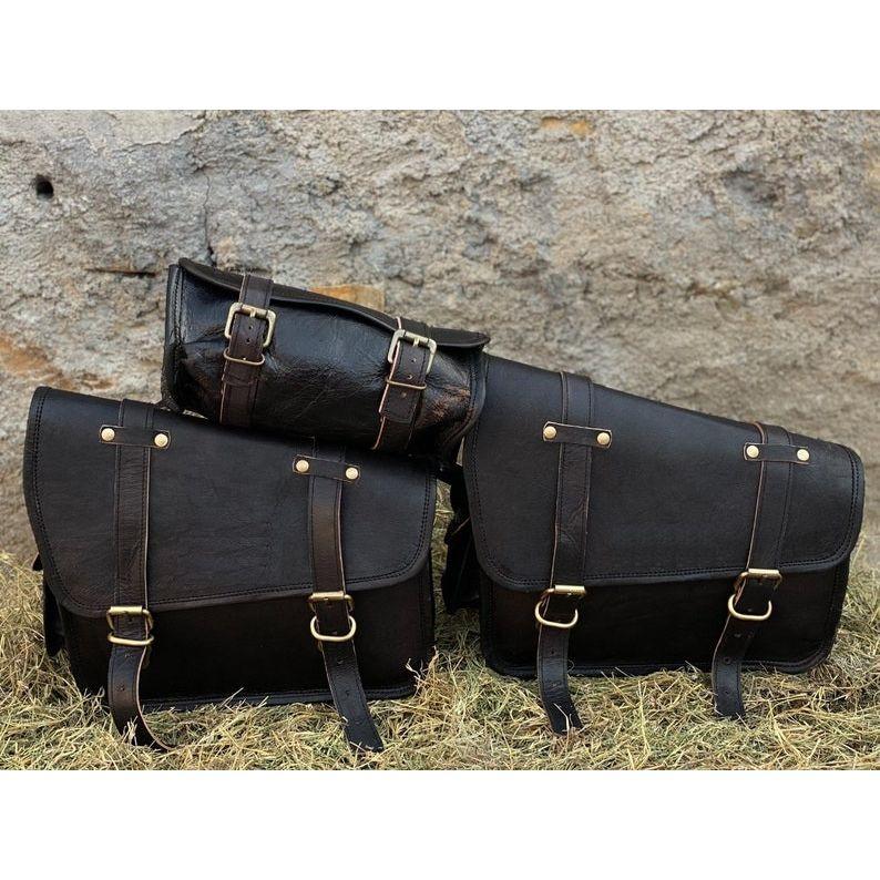 Leather Saddle Bags Motorcycle Bag Black Pannier Saddle Bags For Sportscasters Set Of Three Bags