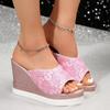 Bling Print Women Wedges Slippers High Heels Sandals Summer 2024 Slingback Platform Shoes Open Toe Flip Flops Pumps Femme Slides