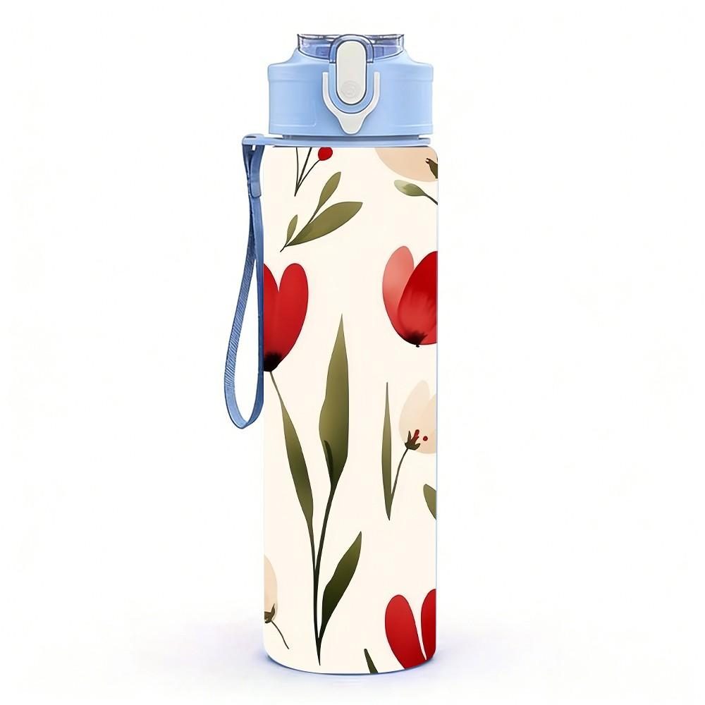 1PC Deep Red Tulip Floral Repeat Background Print 750ml Color Plastic Sports Water Bottle Leakproof Flip Straw Lid Suitable for Sports Office Home Use