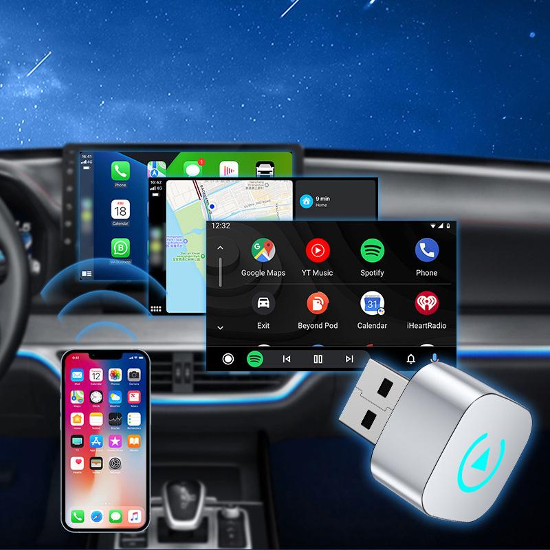 Беспроводной адаптер CarPlay с сигнальной лампой для iPhone Android Auto 2 в 1 проводной к беспроводному AI Box USB-подключение для грузовика
