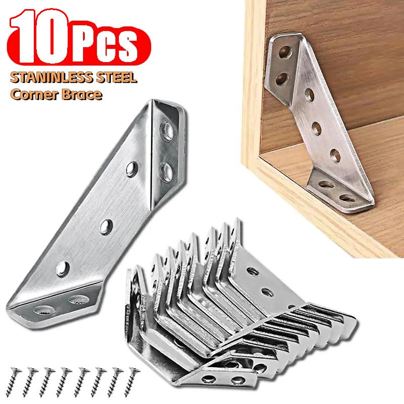 10pcs Stainless Steel Corner Brace Universal Furniture Corner Connector Heavy Duty Angle Shelf Brackets for Wood Furniture