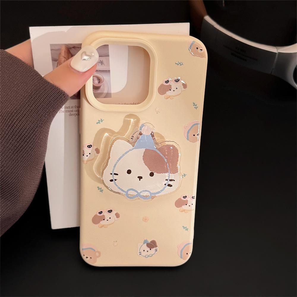 Cute kitty stand iPhone 17 phone case, Apple 15 cream yellow cartoon, suitable for 16 Pro Max, 13 anti-drop, 12