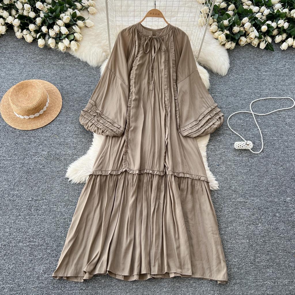 Винтажное однобортное платье с круглым вырезом на шнуровке, модное, с длинными рукавами, элегантное, свободное, с оборками, корейская женская одежда High Street