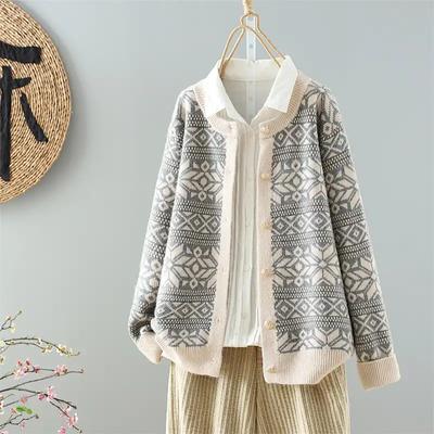 Свитера Пальто Кардиган для Женщин Осень Зима Большой Размер Винтаж Свободный Длинный Рукав Вязаные Свитера Пальто