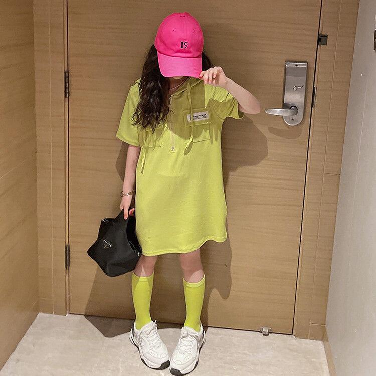 Платье принцессы в корейском стиле с капюшоном для девочек - с короткими рукавами, летний стиль футболки для детей