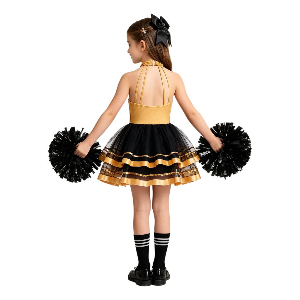 Girls Cheerleading Outfit Sleeveless Halter Sparkling Sequins Backless Tulle Tutu Dress Flower Balls Headwear Socks Set