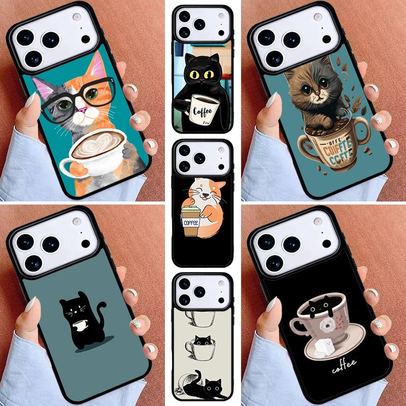 Милый чехол для телефона с изображением животного, кошки и кофе для iPhone 16e 15 14 13 12 17 Pro Max Plus Air 17pro Чехол