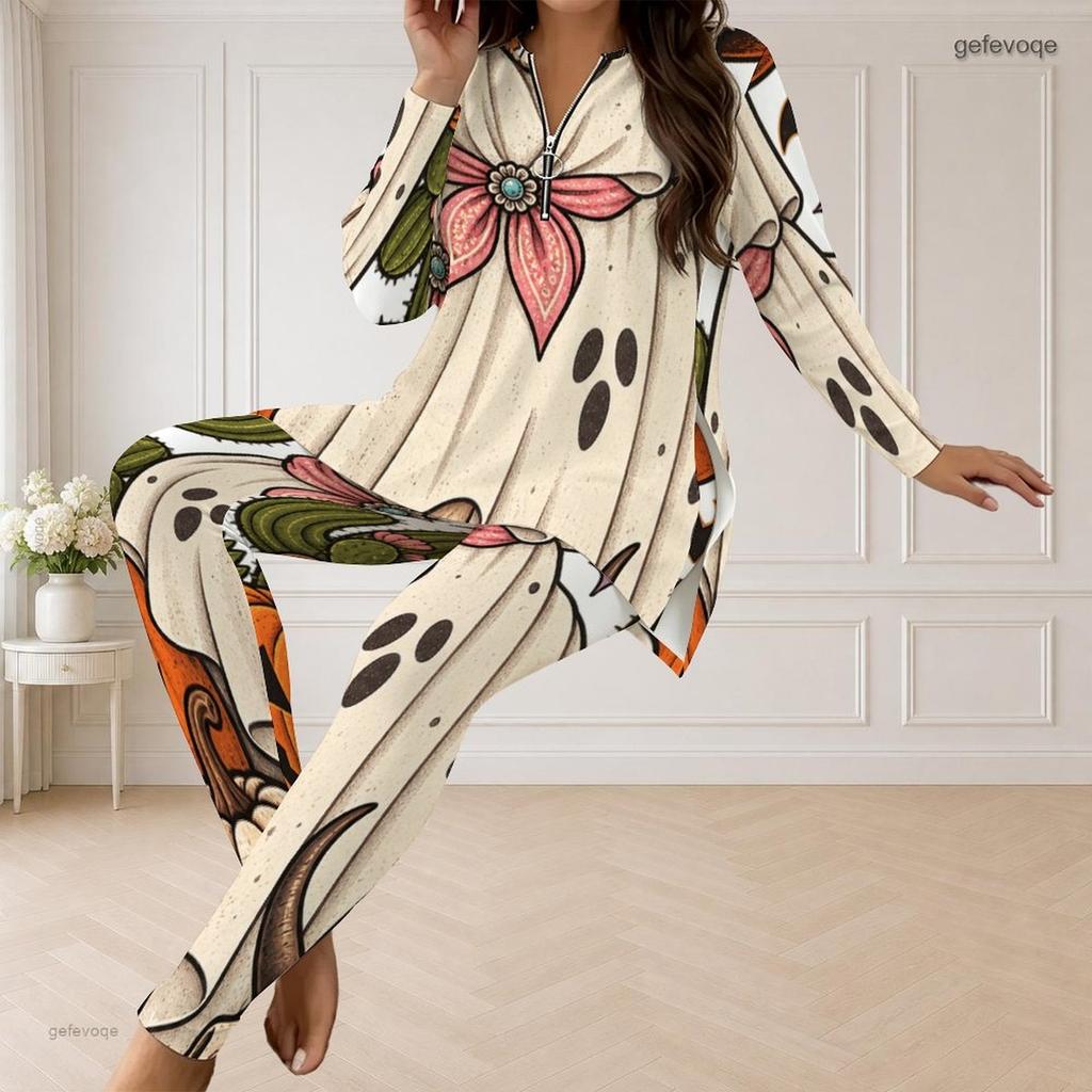 Women Plus Size Printed Half Zip Long Sleeve Longline Top Fitted Pants Two Piece Set
