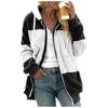 Women Color Block Fuzzy Fleece Hooded Jacket Full Zip Long Sleeve Plush Coat Casual Warm Outerwear S-5XL