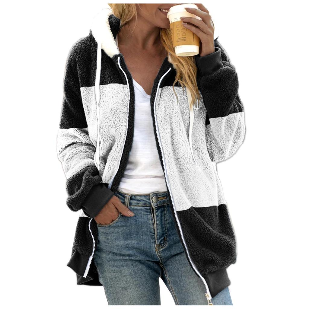 Women Color Block Fuzzy Fleece Hooded Jacket Full Zip Long Sleeve Plush Coat Casual Warm Outerwear S-5XL